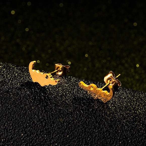 Stainless Steel Gold Alligator Stud Earrings - Picture 3 of 4